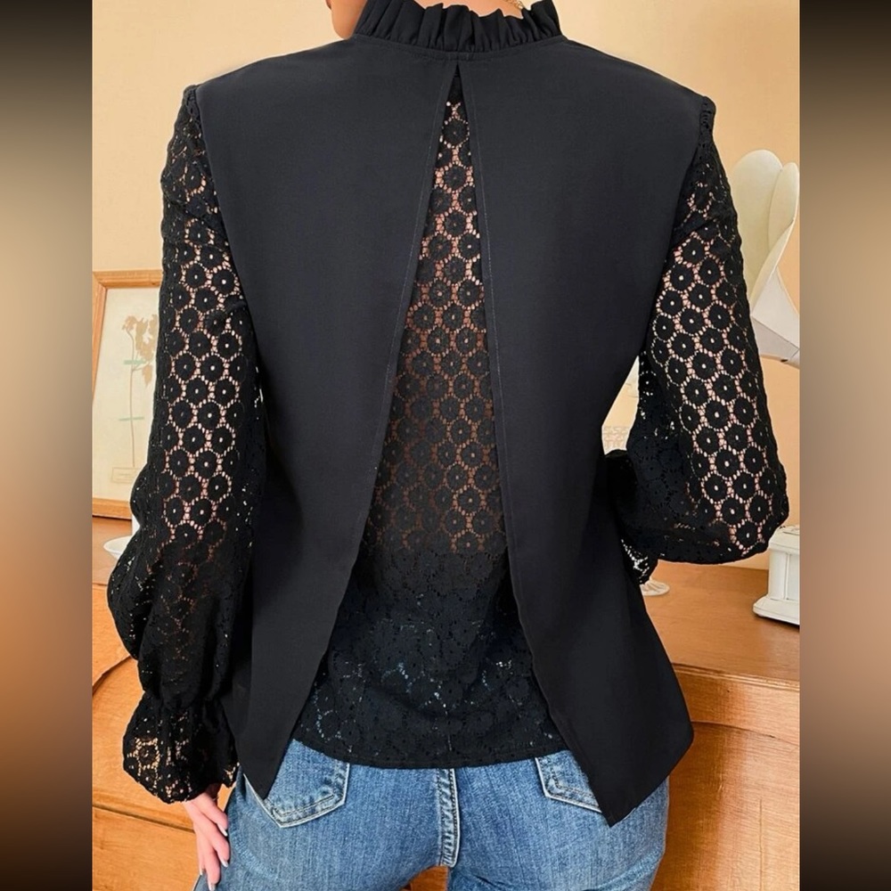 Boho lace  flounce sleeve frill neck blouse